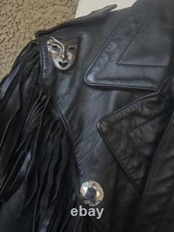 Open Road Vintage Leather Biker Jacket Black Fringe Concho Mens Size 42 Used
