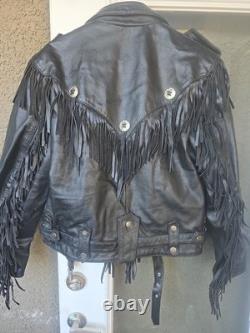 Open Road Vintage Leather Biker Jacket Black Fringe Concho Mens Size 42 Used