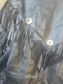 Open Road Vintage Leather Biker Jacket Black Fringe Concho Mens Size 42 Used