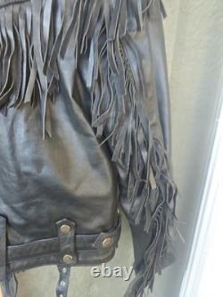 Open Road Vintage Leather Biker Jacket Black Fringe Concho Mens Size 42 Used