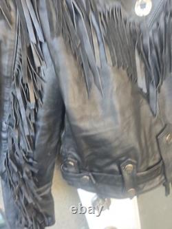 Open Road Vintage Leather Biker Jacket Black Fringe Concho Mens Size 42 Used