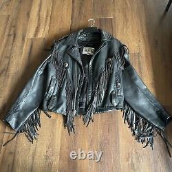 Open Road Wilson Vtg Black Leather Fringe Moto Jacket Concho Medium-Thinsulate