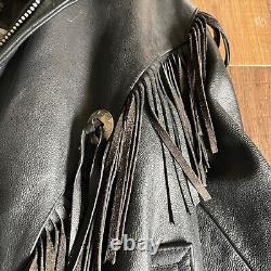 Open Road Wilson Vtg Black Leather Fringe Moto Jacket Concho Medium-Thinsulate