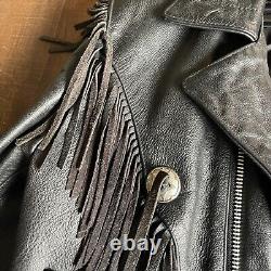 Open Road Wilson Vtg Black Leather Fringe Moto Jacket Concho Medium-Thinsulate