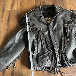 Open Road Wilson Vtg Black Leather Fringe Moto Jacket Concho Medium-Thinsulate