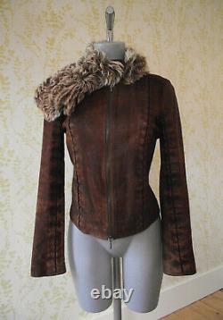 PLEIN SUD brown leather jacket S 38 detachable asymmetrical shearling collar