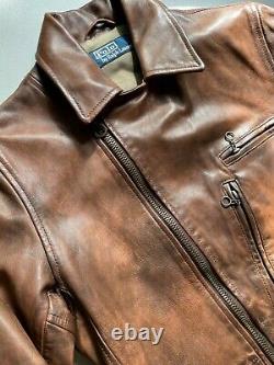 Polo Ralph Lauren Distressed Leather Moto Jacket Size S Brown Patina Japan