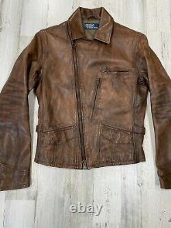 Polo Ralph Lauren Distressed Leather Moto Jacket Size S Brown Patina Japan