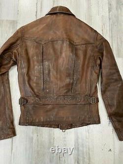 Polo Ralph Lauren Distressed Leather Moto Jacket Size S Brown Patina Japan