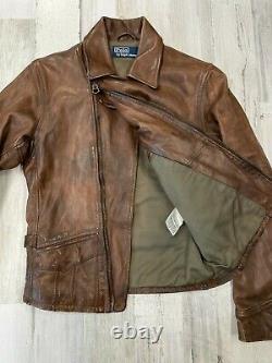 Polo Ralph Lauren Distressed Leather Moto Jacket Size S Brown Patina Japan