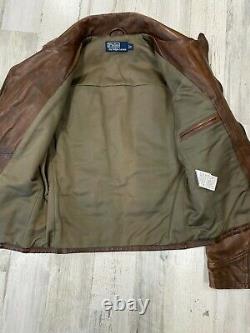 Polo Ralph Lauren Distressed Leather Moto Jacket Size S Brown Patina Japan