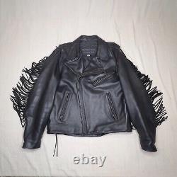 Protech Leather Jacket Womens Black Large Womens vintage fringe Cowhide Biker