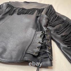 Protech Leather Jacket Womens Black Large Womens vintage fringe Cowhide Biker