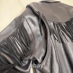 Protech Leather Jacket Womens Black Large Womens vintage fringe Cowhide Biker