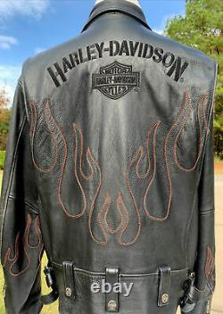 RARE Harley Davidson Mens Black Leather Jacket XL Red Flames