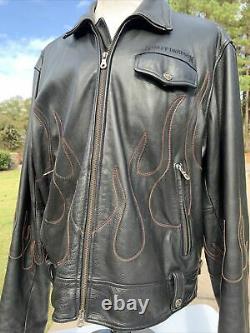 RARE Harley Davidson Mens Black Leather Jacket XL Red Flames