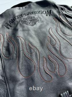 RARE Harley Davidson Mens Black Leather Jacket XL Red Flames