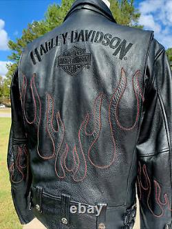 RARE Harley Davidson Mens Black Leather Jacket XL Red Flames