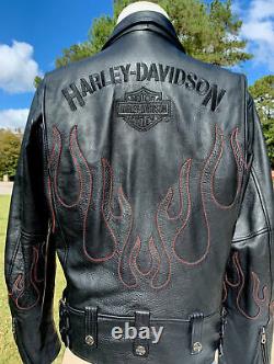 RARE Harley Davidson Mens Black Leather Jacket XL Red Flames