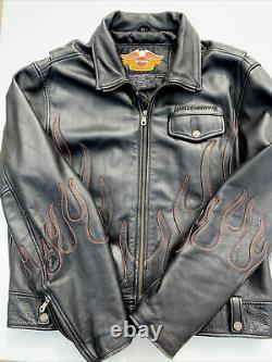 RARE Harley Davidson Mens Black Leather Jacket XL Red Flames