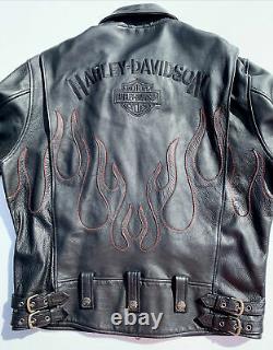 RARE Harley Davidson Mens Black Leather Jacket XL Red Flames