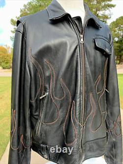 RARE Harley Davidson Mens Black Leather Jacket XL Red Flames