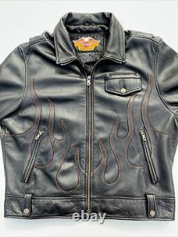 RARE Harley Davidson Mens Black Leather Jacket XL Red Flames