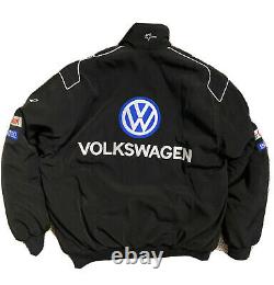 RARE VOLKSWAGEN Motor Sport Patch Embroidery Mens Bomber Black Zip Jacket Large