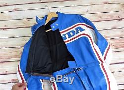 RARE Vintage HONDA RACING Blue Leather MOTORCYCLE Jacket + Pants Suit Size S/M
