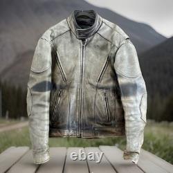 REAL LEATHER Milwaukee Distressed Black Heavy Padded Motorcycle Jacket- Mens 46