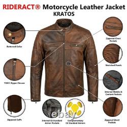 RIDERACT Motorcycle Leather Jacket Cafe Racer Brown Motorbike Jacket CE Armour
