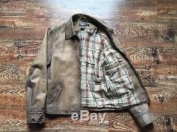 RRL Ralph Lauren Brown Leather Motorcycle Jacket Small, Cotton Plaid Lining