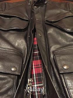 Ralph Lauren 100% Leather Moto Belted Jacket Flannel Lined Sz Large Polo Black