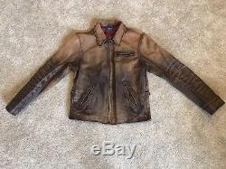 Ralph Lauren Polo Distressed Vintage Brown Leather Biker Moto Jacket XL Fits M/L