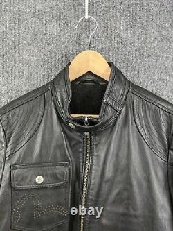 Rare Evisu Black Leather Cafe Racer Jacket Motorcycle Style Jacket Sz Small
