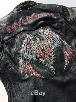 Rare Harley Davidson Road Angel Black Leather Jacket Women's Small Studded Wings