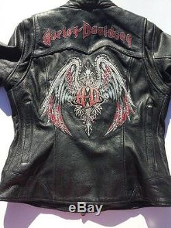 Rare Harley Davidson Road Angel Black Leather Jacket Women's Small Studded Wings