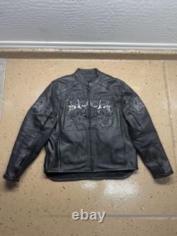 Rare Leather Xelement Black Motorcycle Jacket with Skull Embroideries