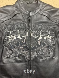 Rare Leather Xelement Black Motorcycle Jacket with Skull Embroideries
