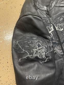 Rare Leather Xelement Black Motorcycle Jacket with Skull Embroideries