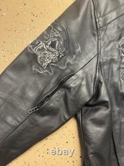 Rare Leather Xelement Black Motorcycle Jacket with Skull Embroideries