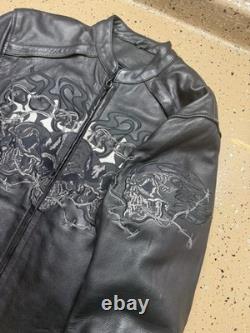 Rare Leather Xelement Black Motorcycle Jacket with Skull Embroideries