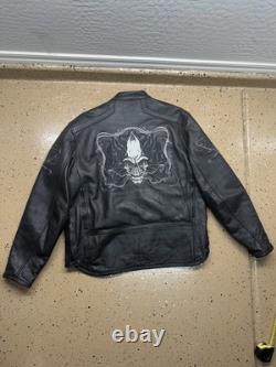 Rare Leather Xelement Black Motorcycle Jacket with Skull Embroideries