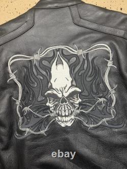 Rare Leather Xelement Black Motorcycle Jacket with Skull Embroideries