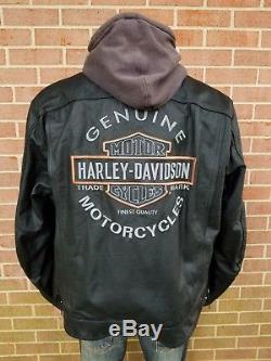 Rare Mens Harley Davidson 3 in 1 Black Leather Jacket with Vest Hoodie Sz. 2XL