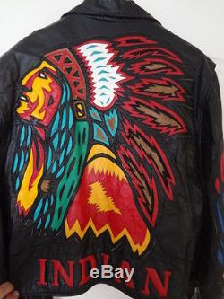 Rare Vintage Men's Dallas Premium Leather INDIAN Patches Motorcycle Jacket Sz L