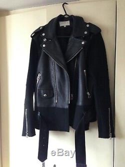 SANDRO (maje Group) black Leather Wool Biker Coat Jacket Size 36 Uk 8
