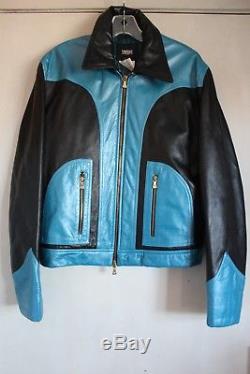 STUNNING Vtg GIANNI VERSACE Men's Racer Black Blue Leather Jacket Italy sz Small