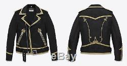 Saint Laurent Mens Gold Embroidered Officer Motorcycle Biker Leather Jacket