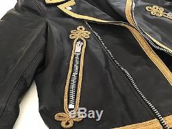 Saint Laurent Mens Gold Embroidered Officer Motorcycle Biker Leather Jacket
